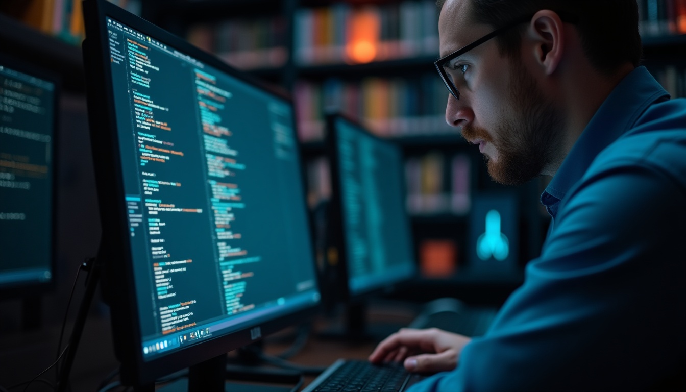 Programmeur travaillant sur un ordinateur dans un bureau