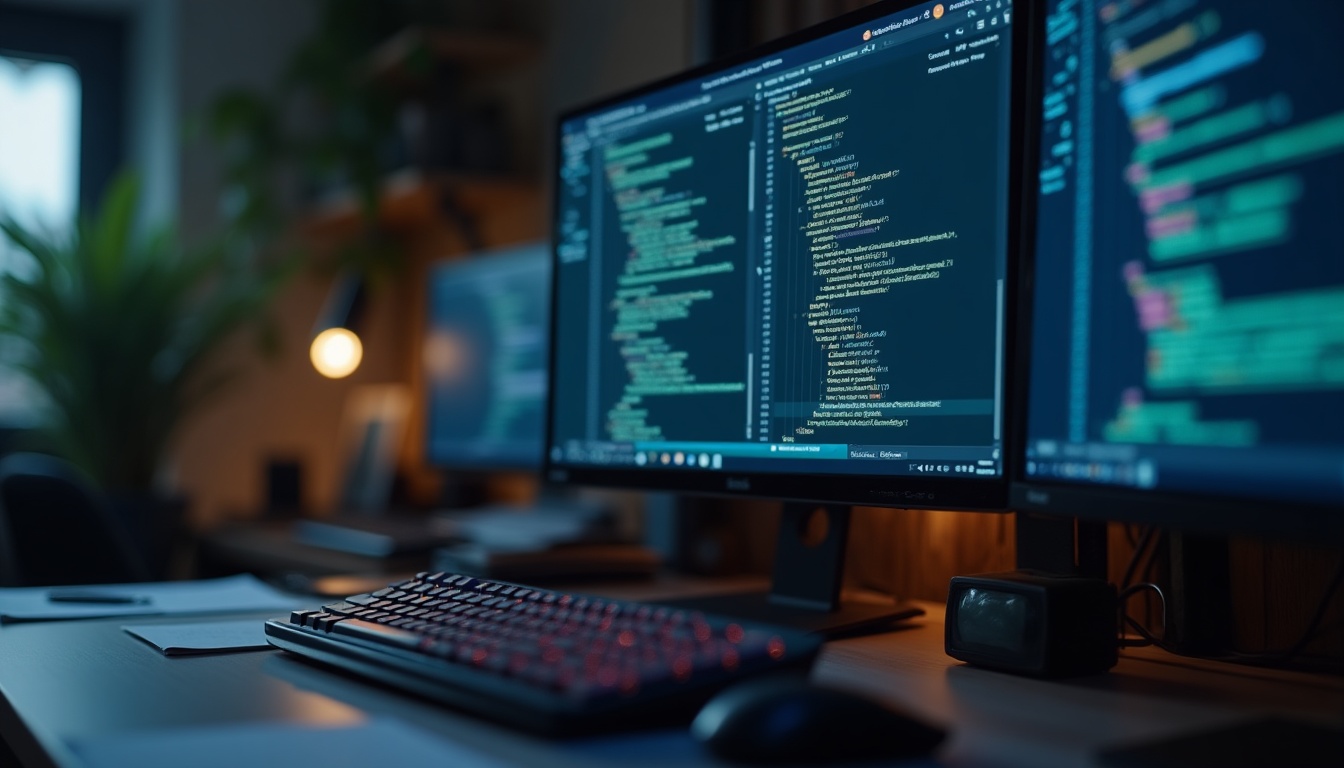 Écrans d'ordinateur affichant du code informatique.