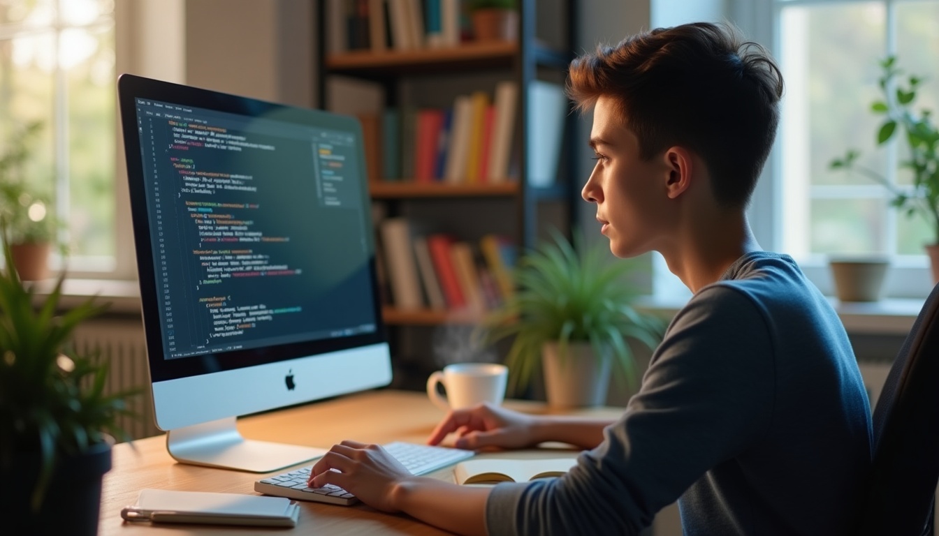 Développeur travaillant sur ordinateur dans bureau moderne.