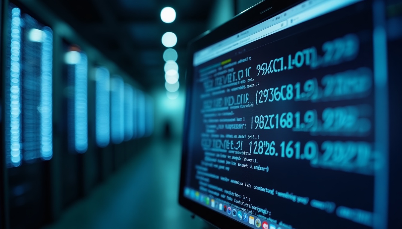 Ordinateur affichant du code dans un centre de données.