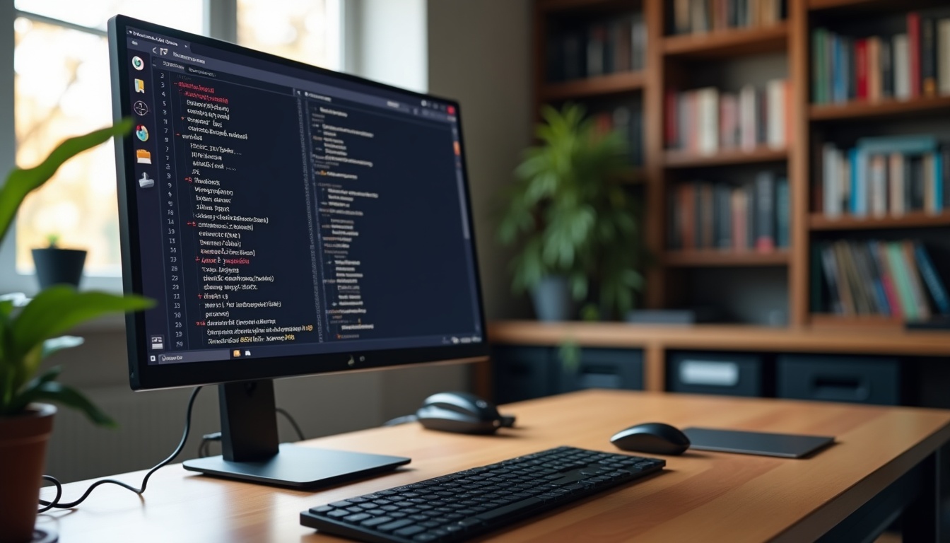 Ordinateur avec éditeur de code dans bureau moderne.