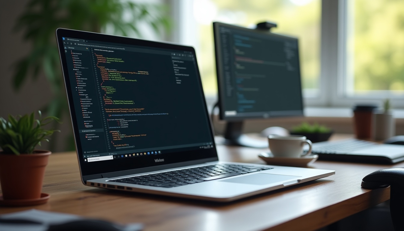 Ordinateur avec code affiché sur écran.