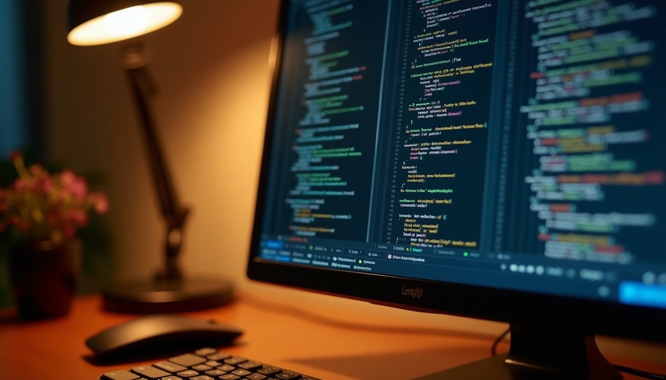 Écran avec code sur ordinateur sous lampe de bureau.