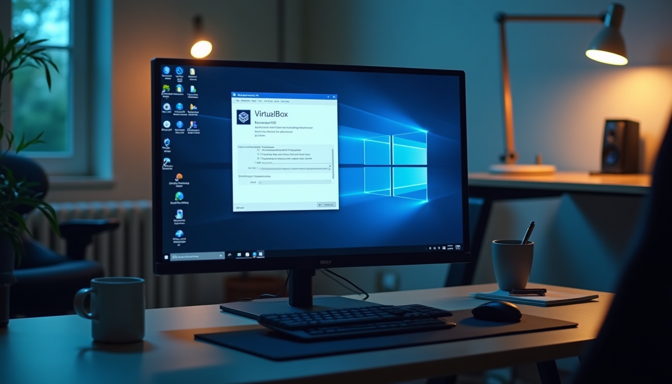 Bureau moderne avec ordinateur Windows et VirtualBox.