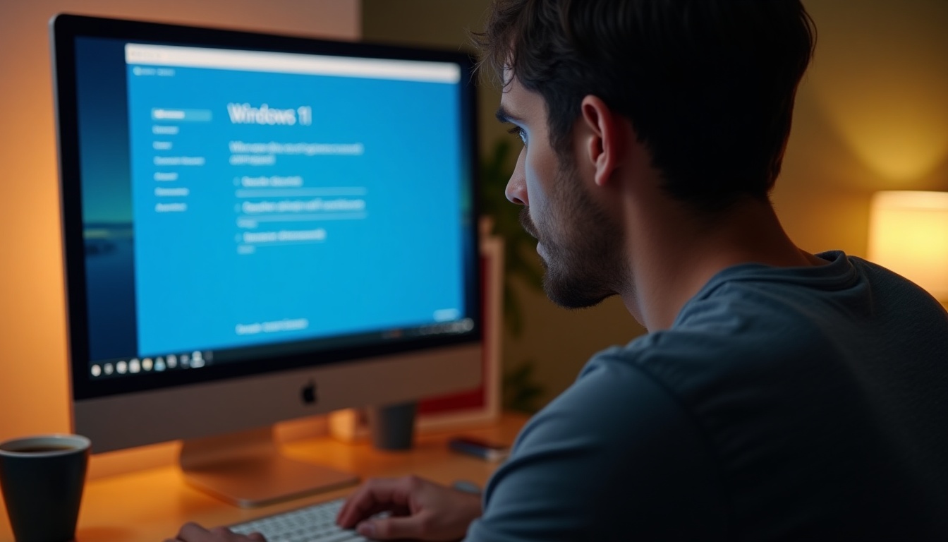 Homme travaillant sur ordinateur avec Windows 11.