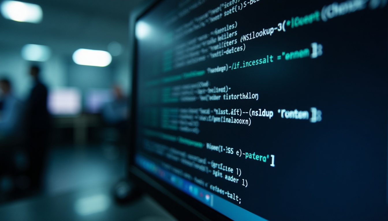 Écran affichant du code informatique en salle de serveur.