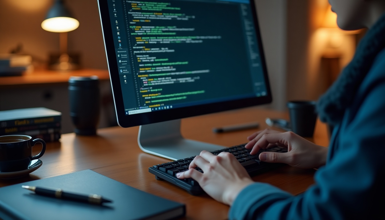 Personne programmant sur ordinateur, bureau bien rangé.