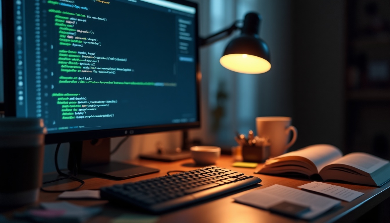Écran d'ordinateur avec code et bureau éclairé.