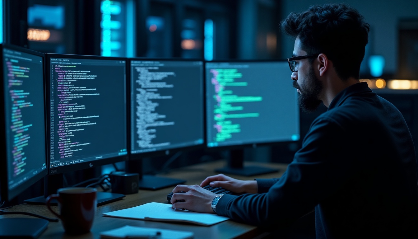 Programmeur travaillant sur plusieurs écrans à son bureau.