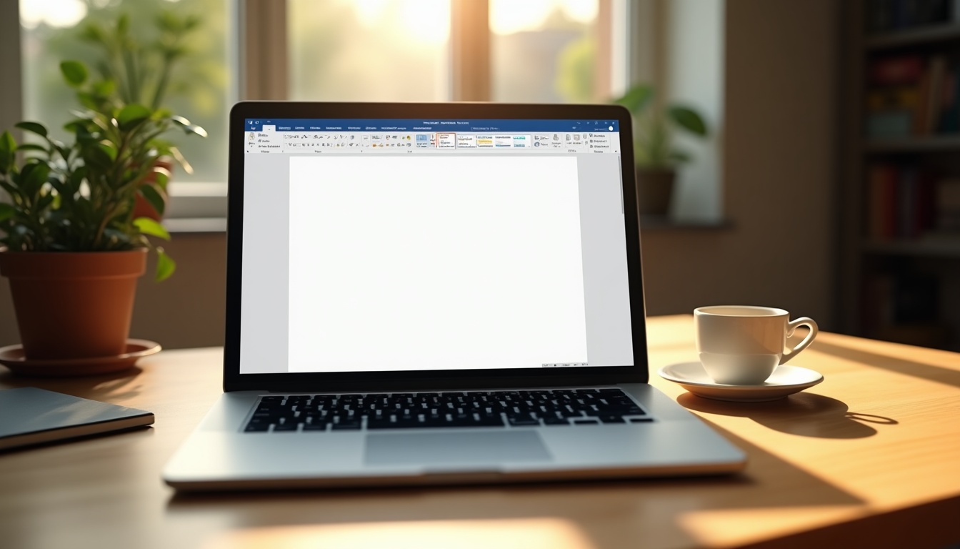 Ordinateur portable avec document vide, plante et café.