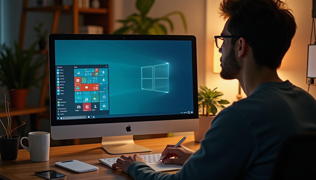 Homme travaillant sur ordinateur avec Windows et iMac.