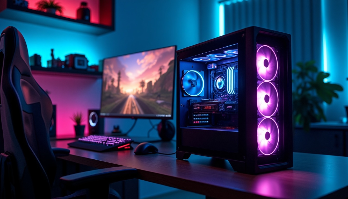 Bureau de gaming avec PC puissant et éclairage LED.