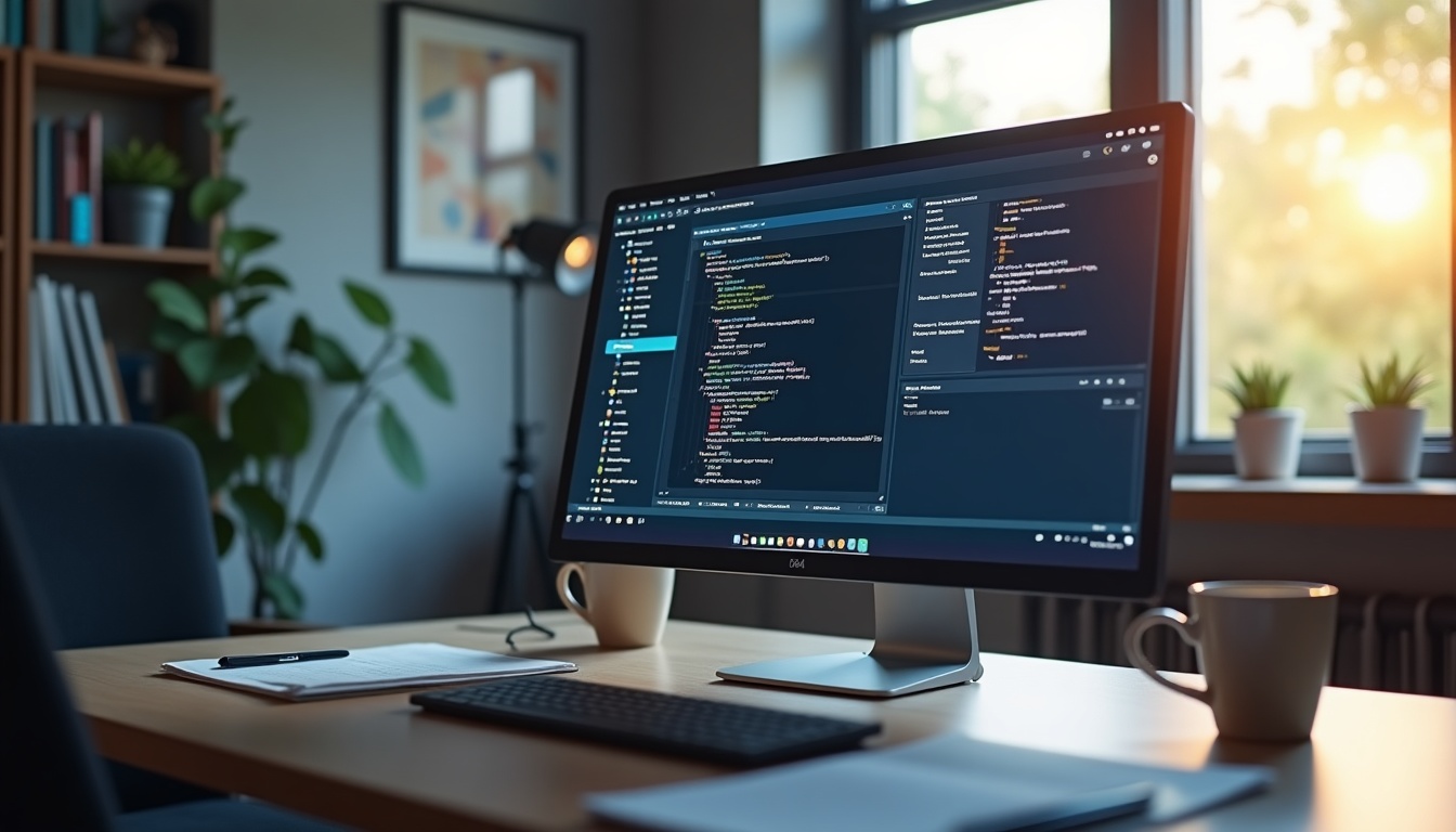 Bureau lumineux avec ordinateur affichant du code.