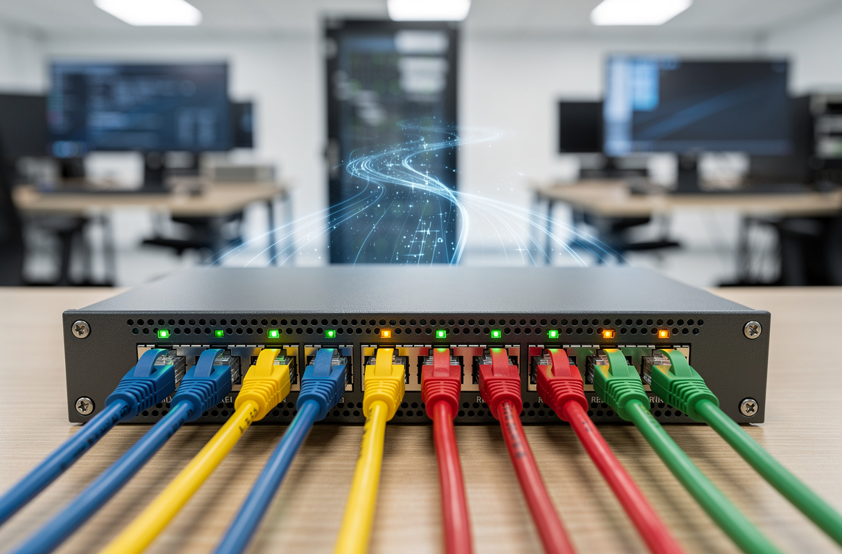Un switch réseau, cœur de l’infrastructure informatique moderne, optimise la gestion du trafic des données entre appareils connectés en réseau local. Contrairement aux anciens hubs, le switch réseau fonctionne intelligemment en couche 2 OSI, utilisant l’adresse MAC pour acheminer chaque trame, ce qui améliore significativement la performance et la fluidité du réseau informatique.