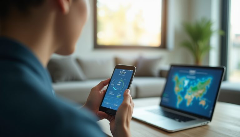 Personne utilisant smartphone et ordinateur portable.